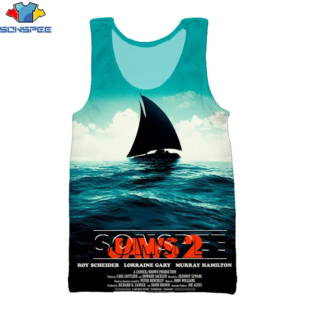 SONSPEE Classic Movie Jaws Men's Tank Tops Summer Harajuku Hip Hop Sleeveless 3D Print Men Women Vintage Shark Loose Tops Vest