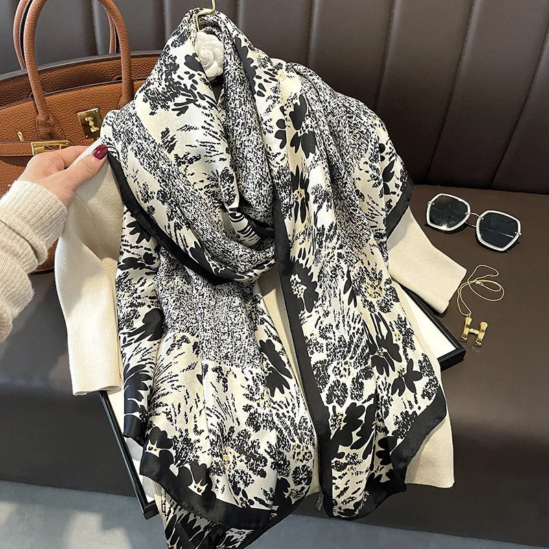 180*90cm Large Silk Satin Scarf Hijab Women Print Spring New Shawl Wrap Female Hand Foulard Pashmina Travel Echarpe 2022 NEW