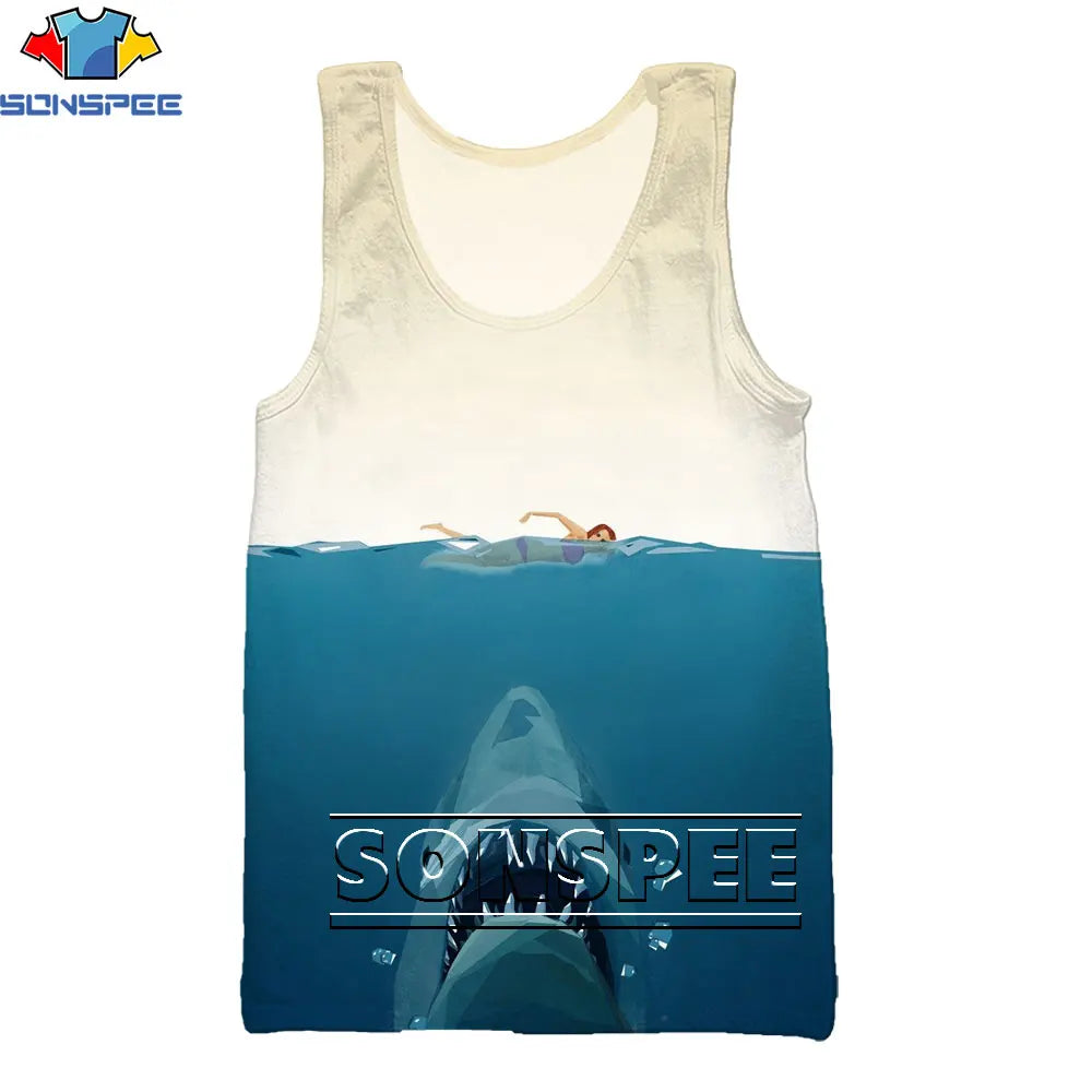 SONSPEE Classic Movie Jaws Men's Tank Tops Summer Harajuku Hip Hop Sleeveless 3D Print Men Women Vintage Shark Loose Tops Vest