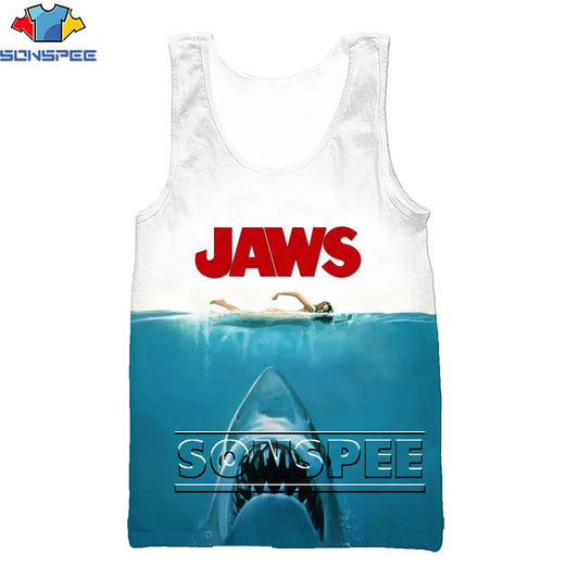 SONSPEE Classic Movie Jaws Men's Tank Tops Summer Harajuku Hip Hop Sleeveless 3D Print Men Women Vintage Shark Loose Tops Vest