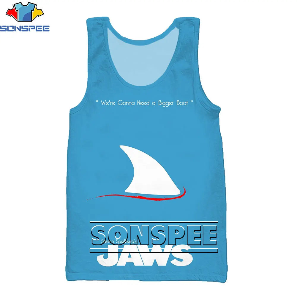 SONSPEE Classic Movie Jaws Men's Tank Tops Summer Harajuku Hip Hop Sleeveless 3D Print Men Women Vintage Shark Loose Tops Vest