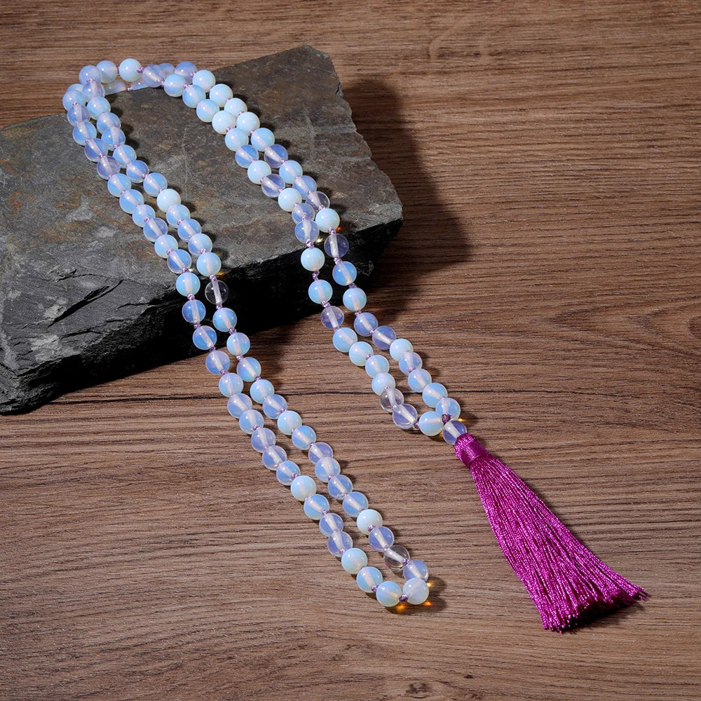 8mm Opal Hand-Knotted 108 Mala Beads Necklace Meditation Yoga Prayer Blessing Tassel Jewelry for Men and Women