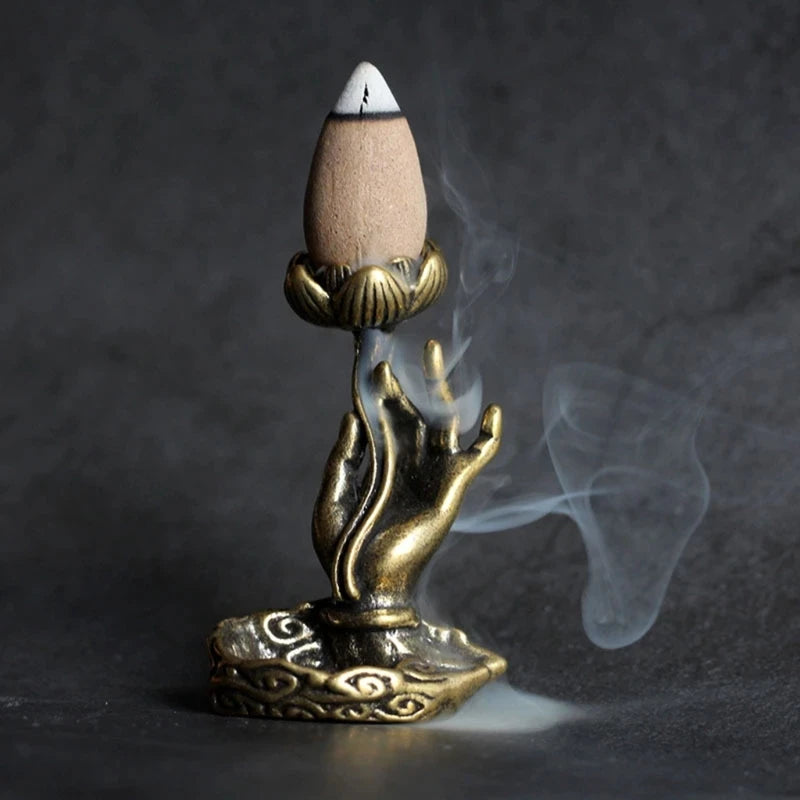 NICEFurniture Copper Backflow Incense Burner Hand Lotus Incense Base Holder for Home Yoga Aromatherapy Relaxation Gifts