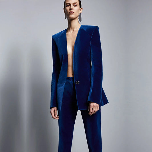 Fashion Royal Blue Velvet Women Formal Business Pant Suits Women Slim Fit Office Ladies Tuxedos Uniform Suits Costume Femme