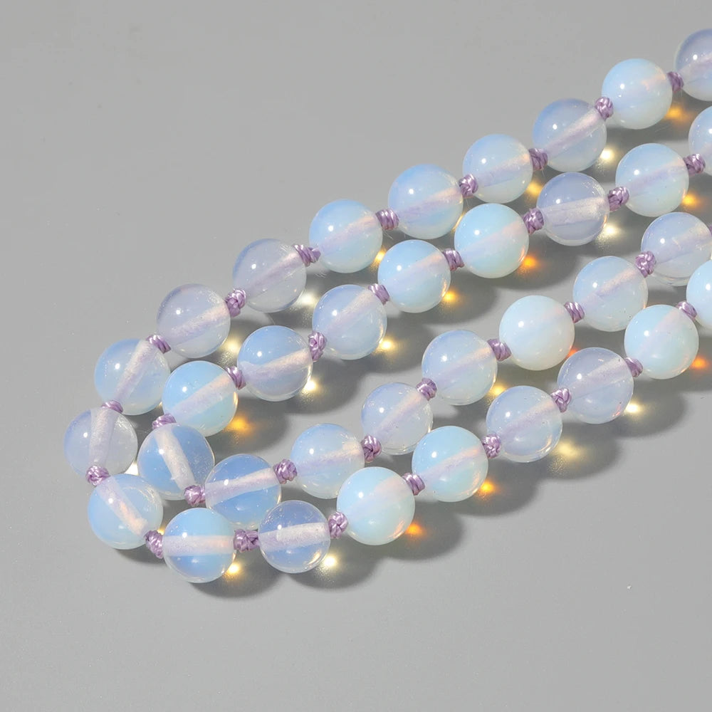 8mm Opal Hand-Knotted 108 Mala Beads Necklace Meditation Yoga Prayer Blessing Tassel Jewelry for Men and Women