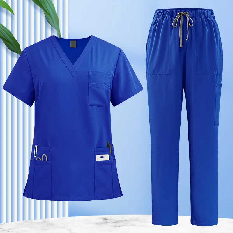 1set V Neck Doctor Medical Uniform Nurse Surgery Suit Moisturewicking Workwear With Pocket Operating Room Short Sleeve Tops Set