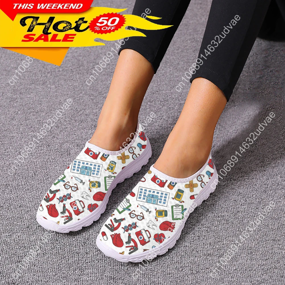 Casual Slip On Nurse Shoes For Woman Medical Tool Pattern Flat Sneakers For Hospital Worker Ladies Light Loafers