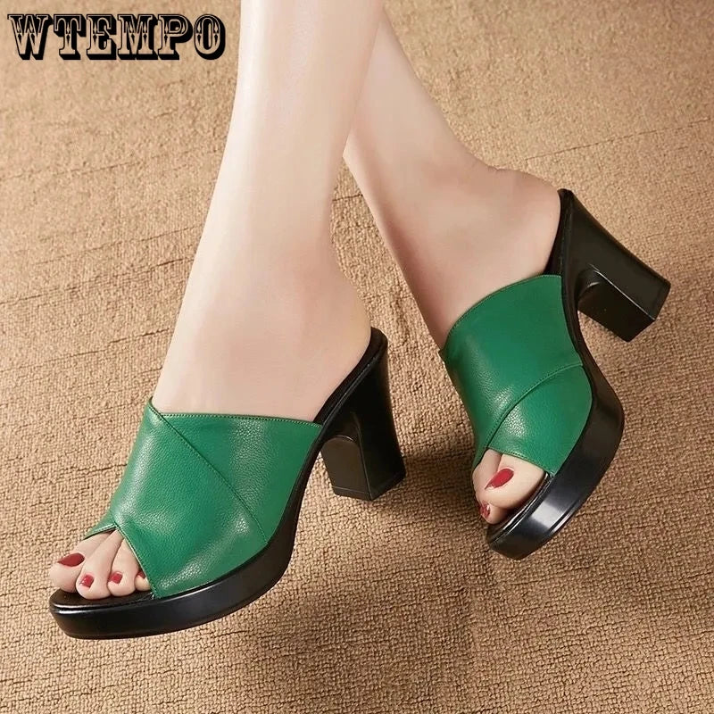 Green High-heeled Slippers Peep Toe Soft Leather Women's Commuting Coarse Heel Anti Slip Simple Casual Spring Summer