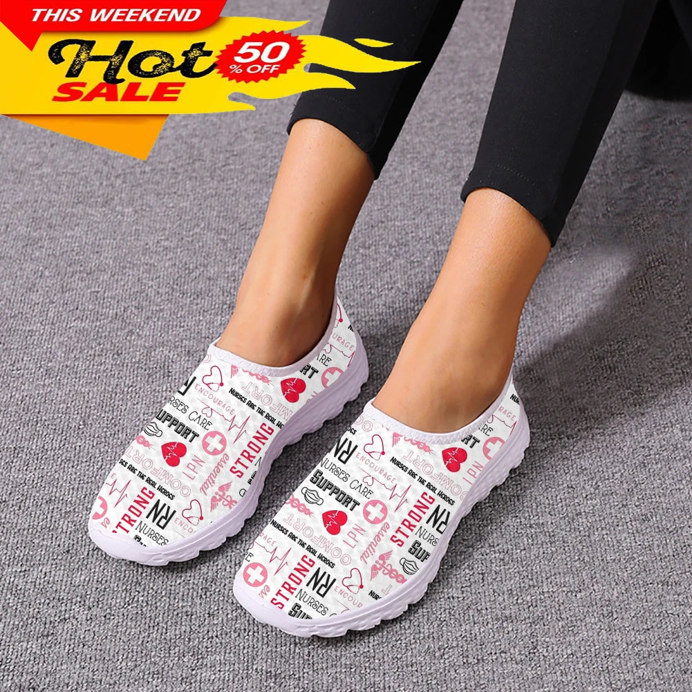 Casual Slip On Nurse Shoes For Woman Medical Tool Pattern Flat Sneakers For Hospital Worker Ladies Light Loafers