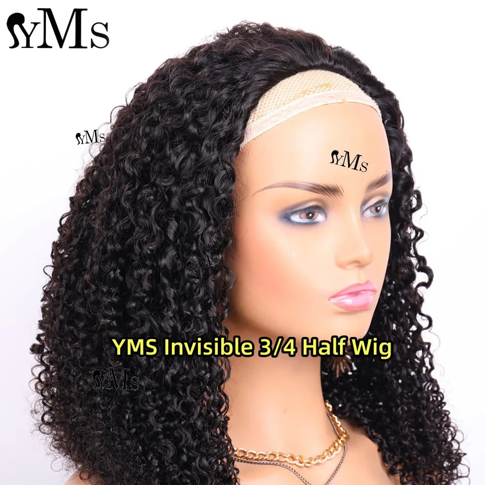 Burmese 3C4A Curly Invisible Half Wigs Human Hair YMS 350% Density 3C4A Burmese Natural Curly Adjustable 3/4 Half Wig For Women