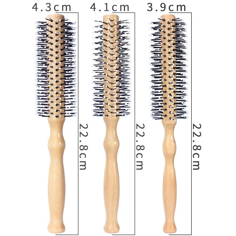 Mini Round Nylon Hairbrush Curly Hair Styling Comb Rolling Comb Round Brush for Thin or Short Hair Men with Wooden Handle