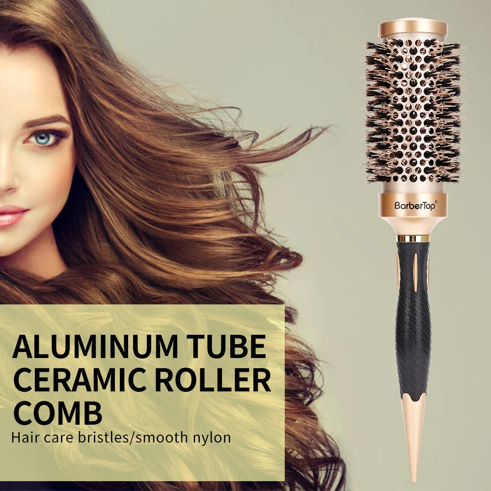 Salon Hairdressing Comb Durable Ceramic Iron Aluminium Tube Round Comb Gold Hairdressing Brush Barber Styling Tools