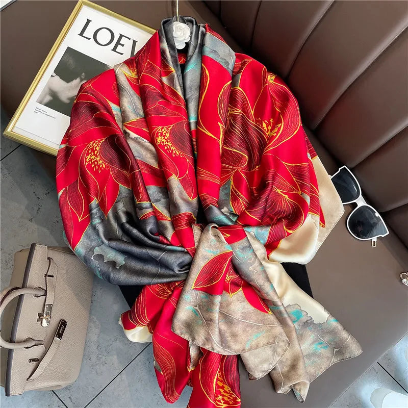 180*90cm Large Silk Satin Scarf Hijab Women Print Spring New Shawl Wrap Female Hand Foulard Pashmina Travel Echarpe 2022 NEW