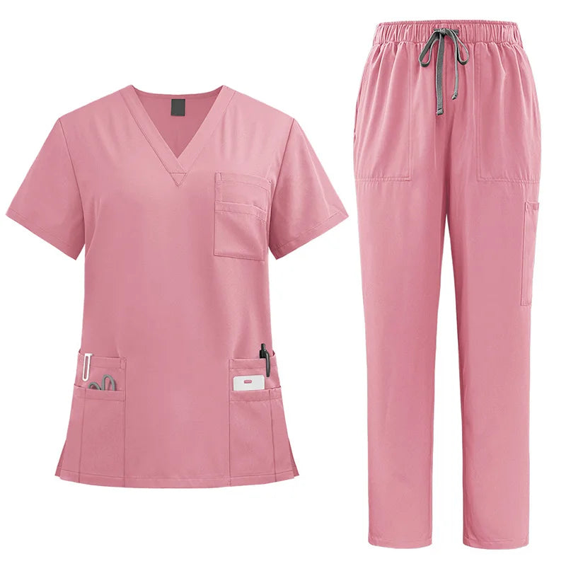 1set V Neck Doctor Medical Uniform Nurse Surgery Suit Moisturewicking Workwear With Pocket Operating Room Short Sleeve Tops Set