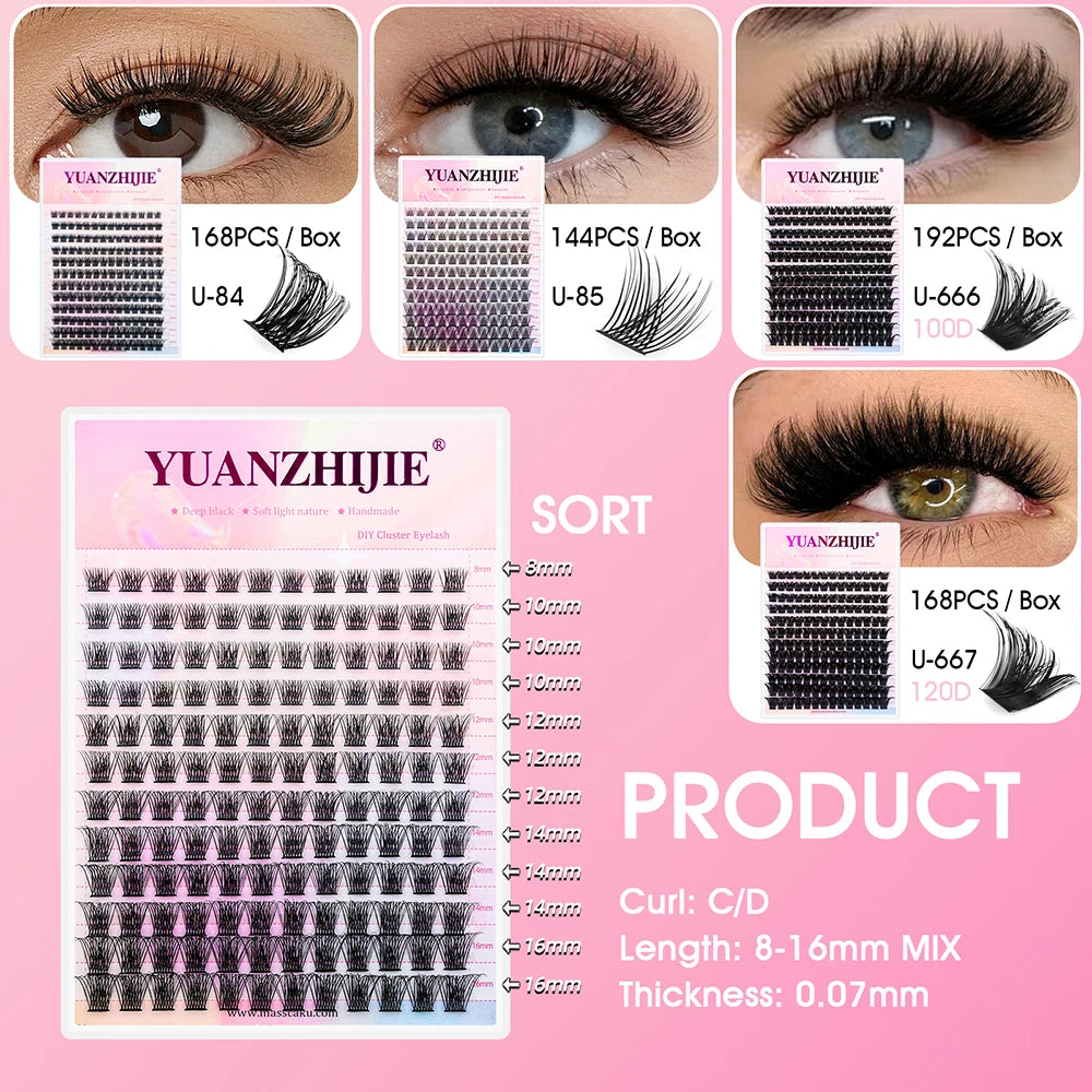 High Quality YUANZHIJIE Lightweight Heat Bonded Segmented Lashes 8-16mm Mix Size 3D Effect Long-lasting Clusters Eyelash Trays