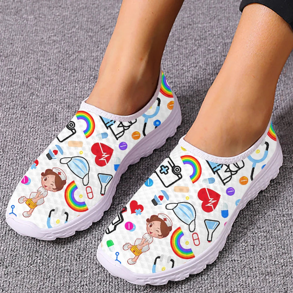 INSTANTARTS Kawaii Nurse Girls Medical Supplies Pattern Female Flat Shoes Breathable Beach Mesh Sneakers Nurse Shoes for Women