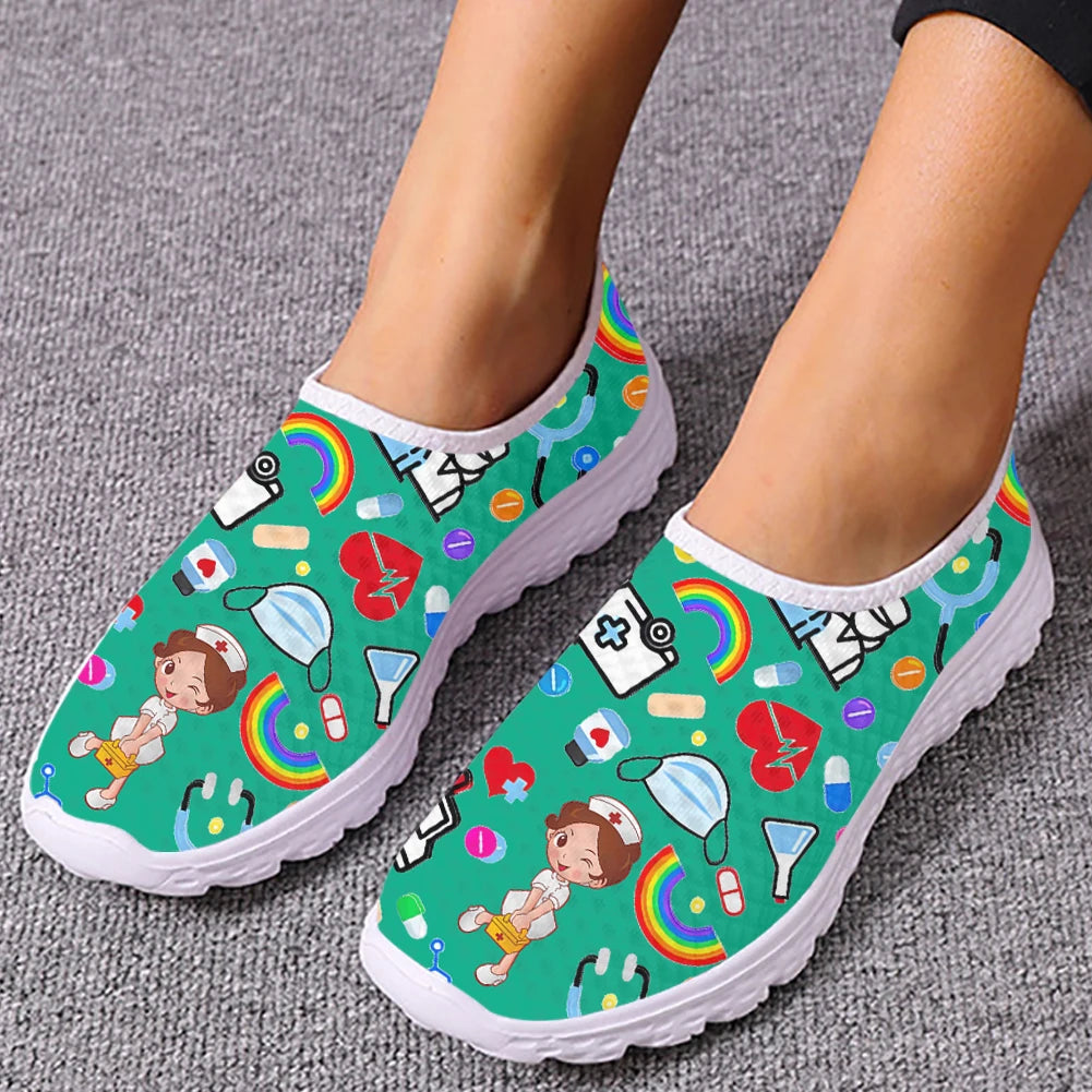 INSTANTARTS Kawaii Nurse Girls Medical Supplies Pattern Female Flat Shoes Breathable Beach Mesh Sneakers Nurse Shoes for Women