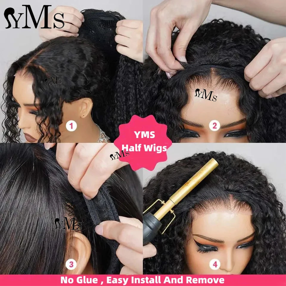 Burmese 3C4A Curly Invisible Half Wigs Human Hair YMS 350% Density 3C4A Burmese Natural Curly Adjustable 3/4 Half Wig For Women