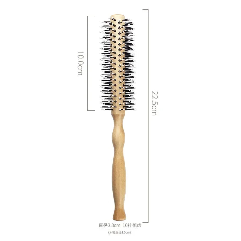 Mini Round Nylon Hairbrush Curly Hair Styling Comb Rolling Comb Round Brush for Thin or Short Hair Men with Wooden Handle