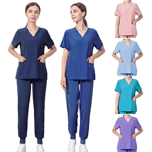 Solid Color Nursing Scrubs Women Uniforms Elasticity Pet Clinic Nurse V-neck Medical Hospital Doctor Working Clothing Wholesale