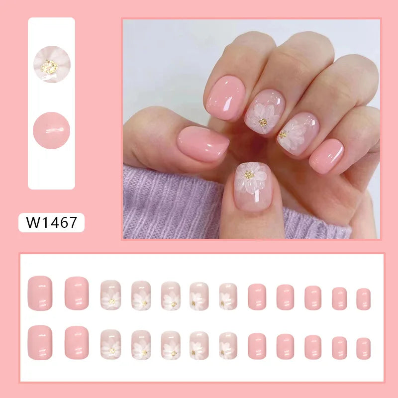 Yellow Flowers 24 Pcs Press on Nails Pink Gradient Fake Nails Glossy Artificial Finger Manicure Reusable False Nails for Women