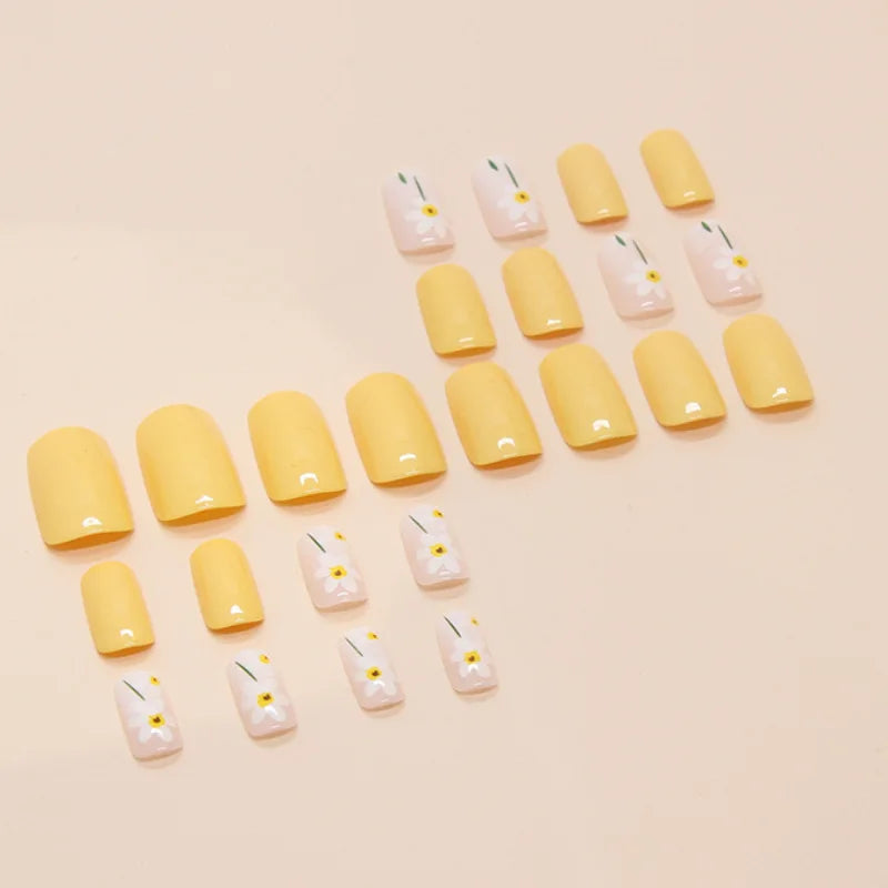 Yellow Flowers 24 Pcs Press on Nails Pink Gradient Fake Nails Glossy Artificial Finger Manicure Reusable False Nails for Women