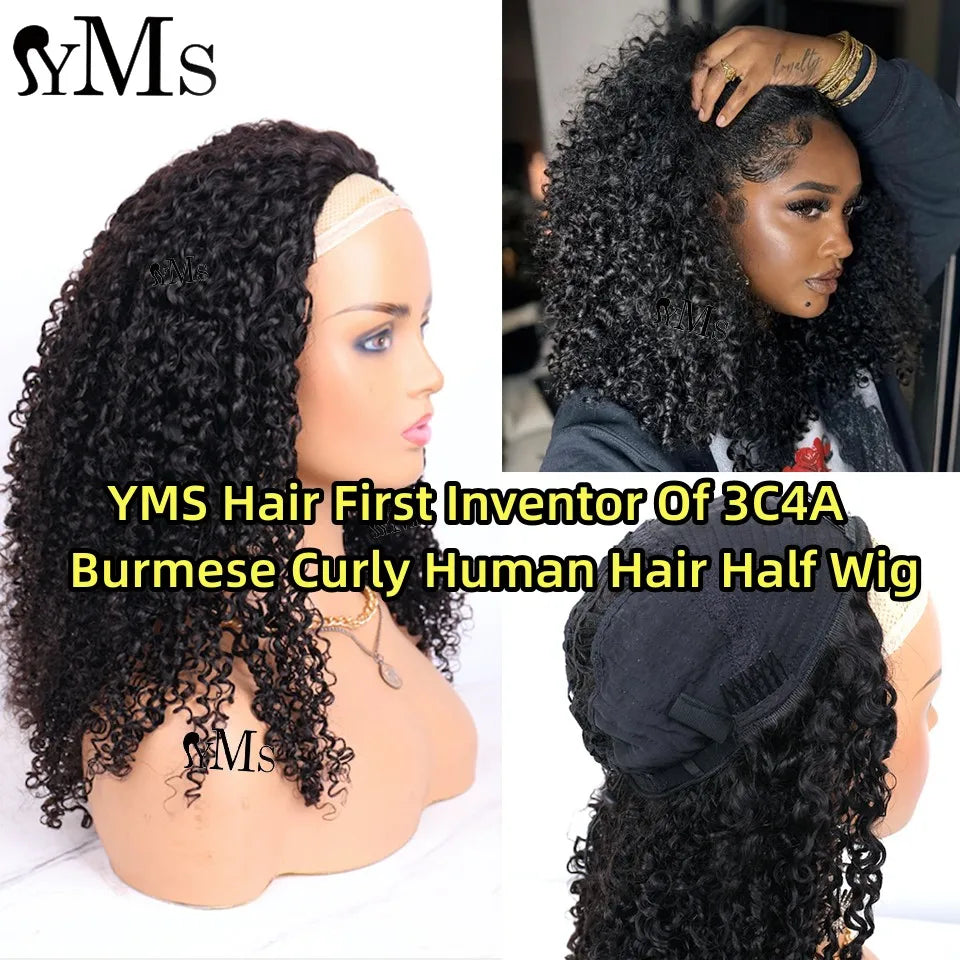 Burmese 3C4A Curly Invisible Half Wigs Human Hair YMS 350% Density 3C4A Burmese Natural Curly Adjustable 3/4 Half Wig For Women