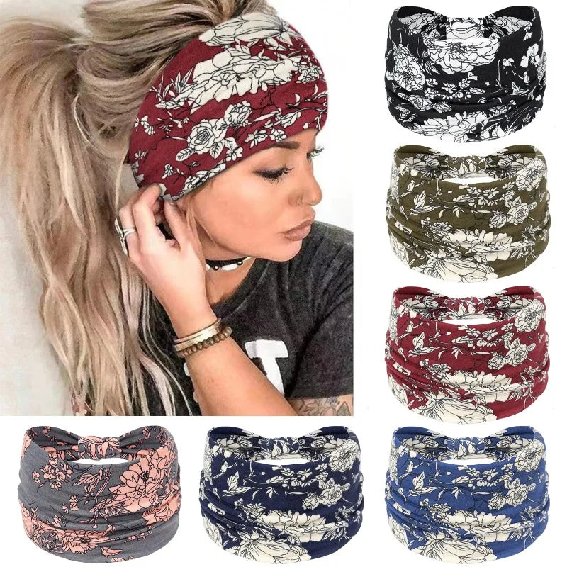 Boho Printed Wide Knotted Elastic Head Band Women Sports Soft Yoga Turban Bandana Head Wraps Bandeau Femme Pour Cheveux