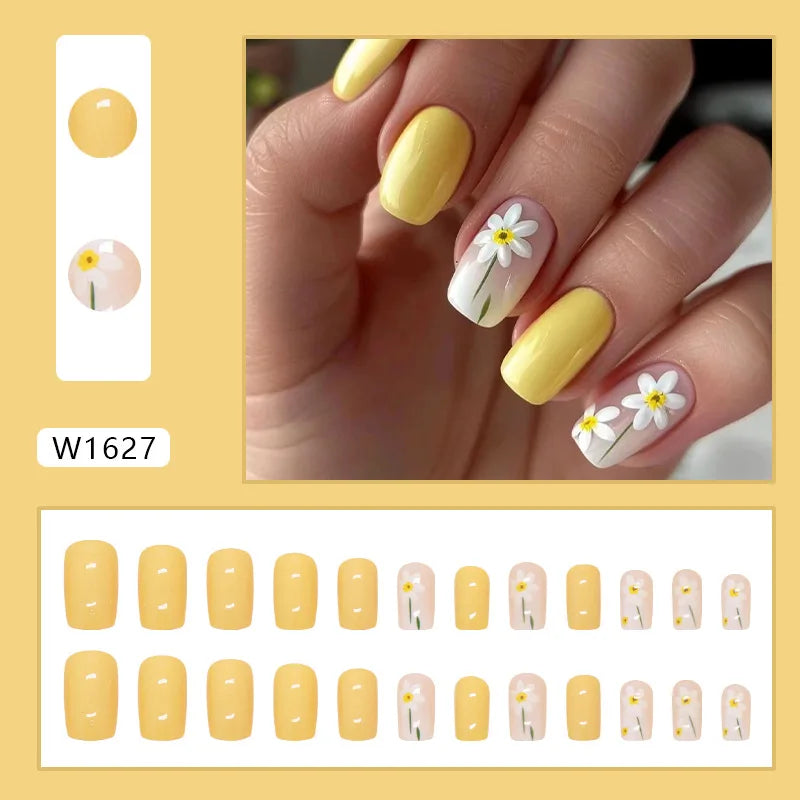 Yellow Flowers 24 Pcs Press on Nails Pink Gradient Fake Nails Glossy Artificial Finger Manicure Reusable False Nails for Women