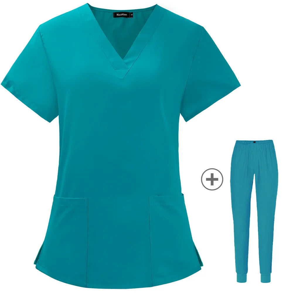 Solid Color Nursing Scrubs Women Uniforms Elasticity Pet Clinic Nurse V-neck Medical Hospital Doctor Working Clothing Wholesale