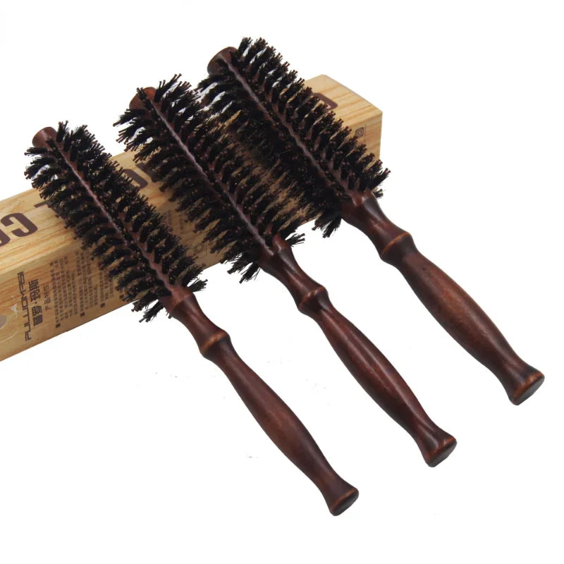 3 Sizes Anti Static Wood Boar Bristle Hair Round Brush Hairdresser Styling Tools Teasing Brush for Hair Curly Comb Hair Brush