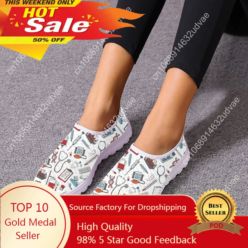 Casual Slip On Nurse Shoes For Woman Medical Tool Pattern Flat Sneakers For Hospital Worker Ladies Light Loafers