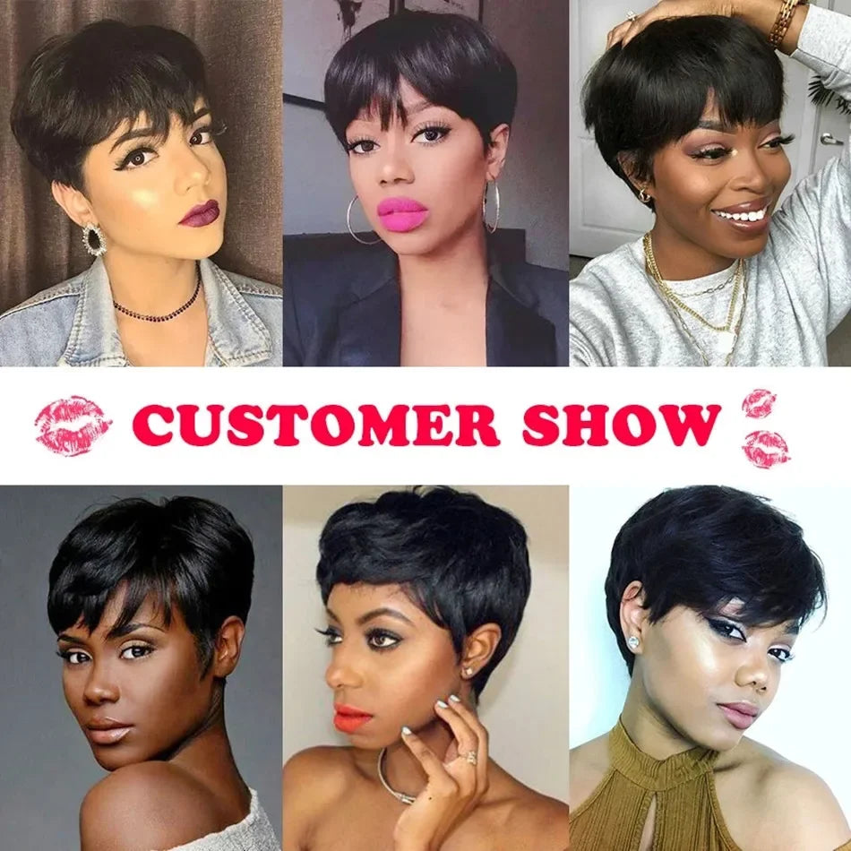 Phashion Pixie Cut Human Hair Wigs With Bangs Short Straight Bob Wig Brazilian Remy Cheap Glueless Machine Made For Black Women