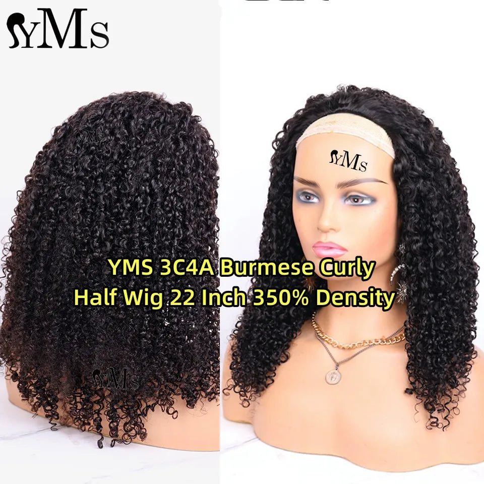 Burmese 3C4A Curly Invisible Half Wigs Human Hair YMS 350% Density 3C4A Burmese Natural Curly Adjustable 3/4 Half Wig For Women