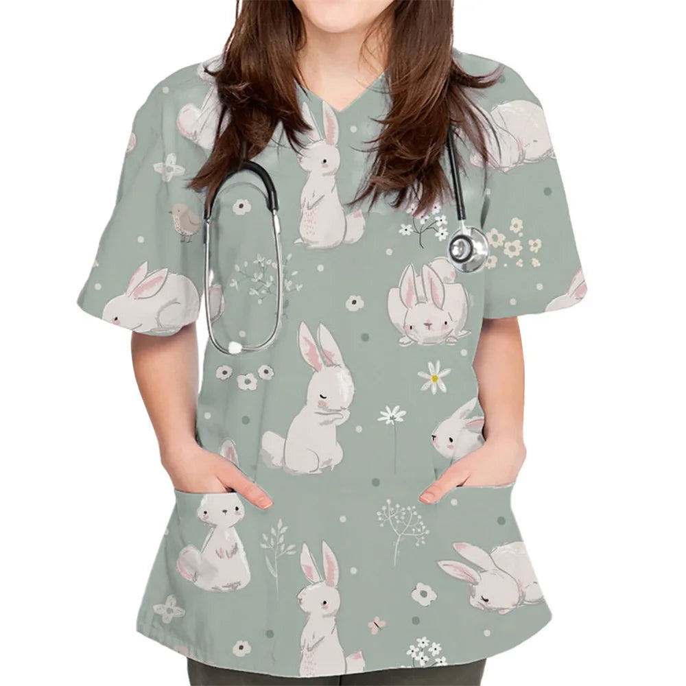 Women Cartoon Cute Rabbit Print V-Neck Patched Pocket Medical Scrub Uniforms Nursing Short Sleeve Tops Nursing Surgical Uniform