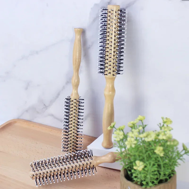 Mini Round Nylon Hairbrush Curly Hair Styling Comb Rolling Comb Round Brush for Thin or Short Hair Men with Wooden Handle