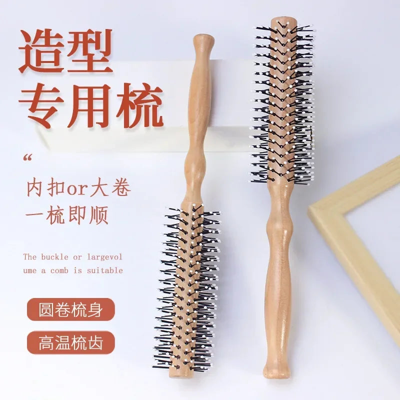 Mini Round Nylon Hairbrush Curly Hair Styling Comb Rolling Comb Round Brush for Thin or Short Hair Men with Wooden Handle