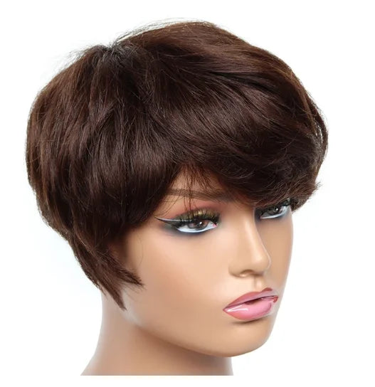 Pixie Cut Short Natural Straight Bob Wig 100% Human Hair Wig for Brazilian Women Chocolate Brown with Bangs Machine Made