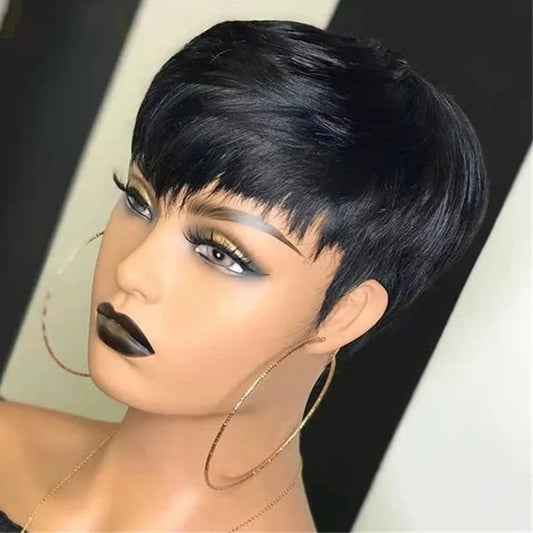 Phashion Pixie Cut Human Hair Wigs With Bangs Short Straight Bob Wig Brazilian Remy Cheap Glueless Machine Made For Black Women