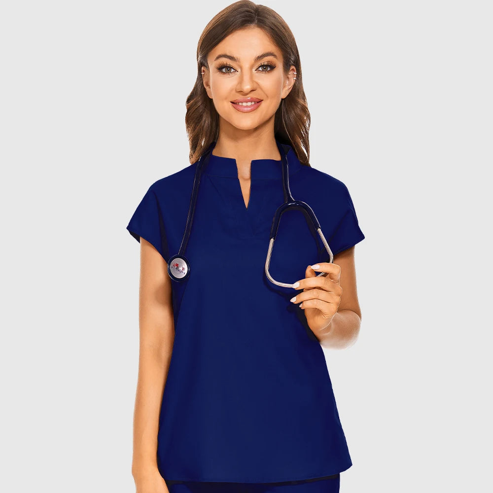 Fashion Stand Collar Scrubs Tops For Women Medical Uniforms Top Short Sleeve Blouse Soft Slim Nurse Shirts Lab Workwear Surgery