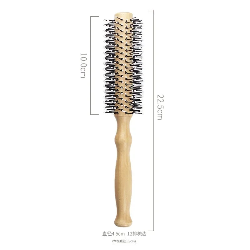 Mini Round Nylon Hairbrush Curly Hair Styling Comb Rolling Comb Round Brush for Thin or Short Hair Men with Wooden Handle