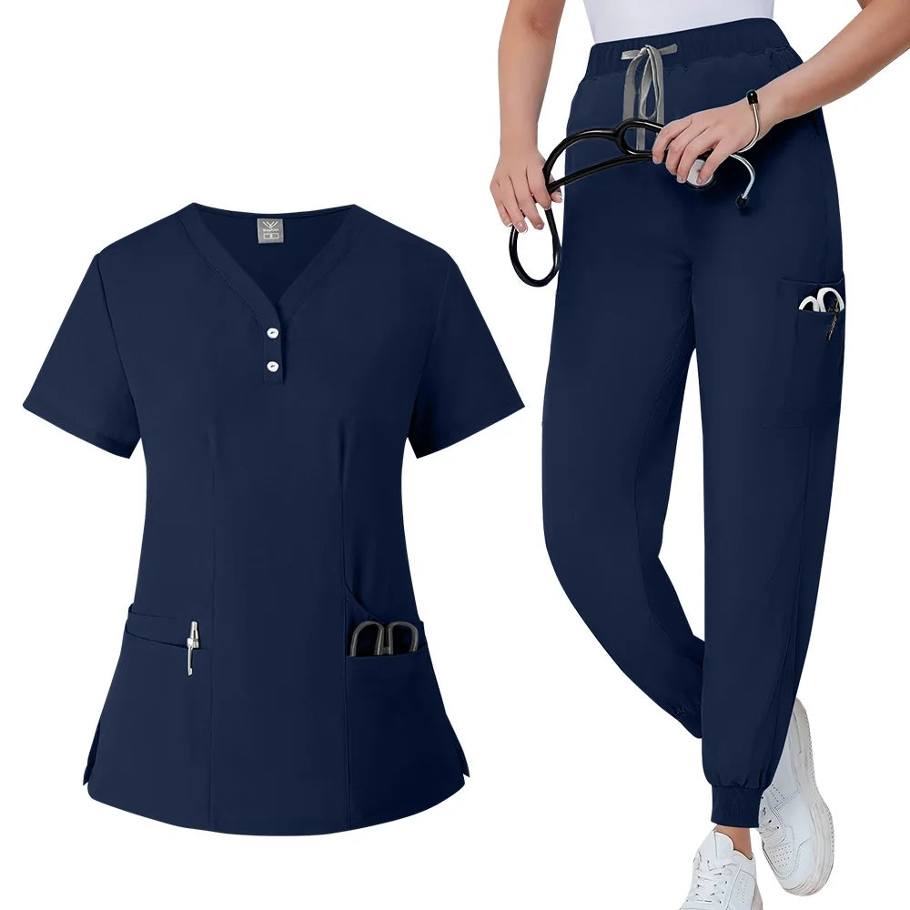 Women's Medical Frosted Pants with Mid Waist Elastic Wrinkle Resistant Slim Fit Pants Waist Drawstring Pocket Surgical Uniform