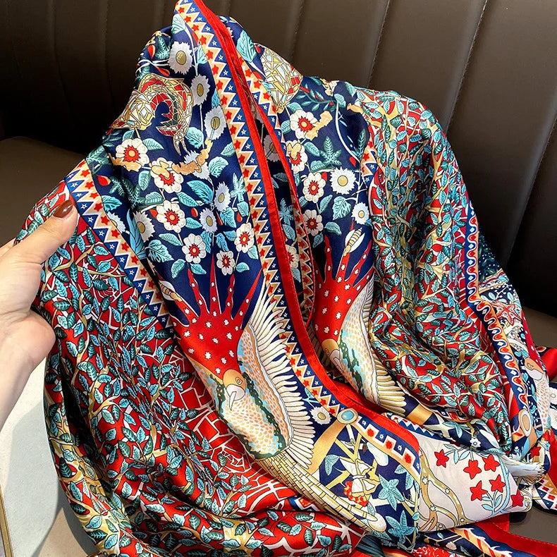 180*90cm Large Silk Satin Scarf Hijab Women Print Spring New Shawl Wrap Female Hand Foulard Pashmina Travel Echarpe 2022 NEW