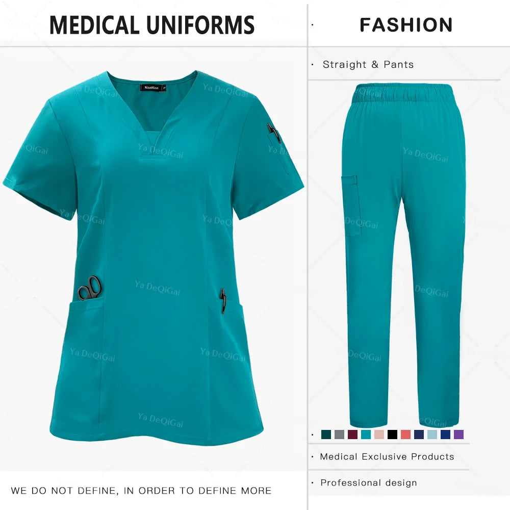 Anti-Wrinkle Premium Fabric Clinical Uniforms Washable Nurse Uniforms Medical Scrubs Sets Surgical Blouse Pockets Straight Pants