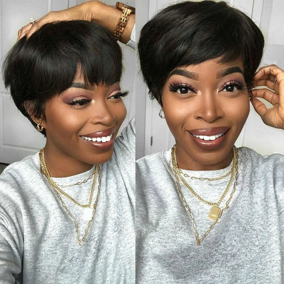 Phashion Pixie Cut Human Hair Wigs With Bangs Short Straight Bob Wig Brazilian Remy Cheap Glueless Machine Made For Black Women