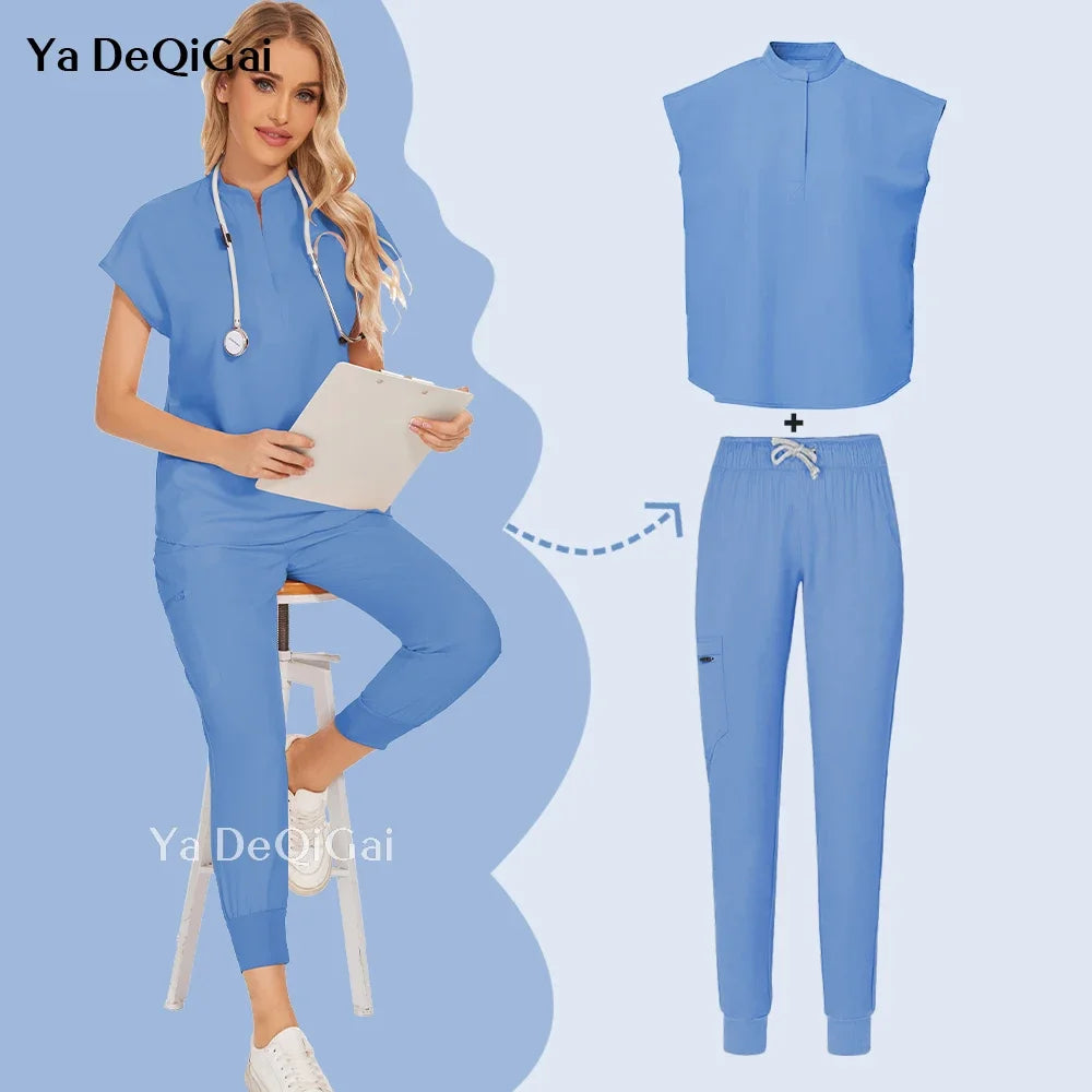 Blue Hospital Uniform Soft Elastic Fabric Clinic Workwear Operating RoomTop Pants Surgical Clothes Medical Scrub Set Jogger Suit