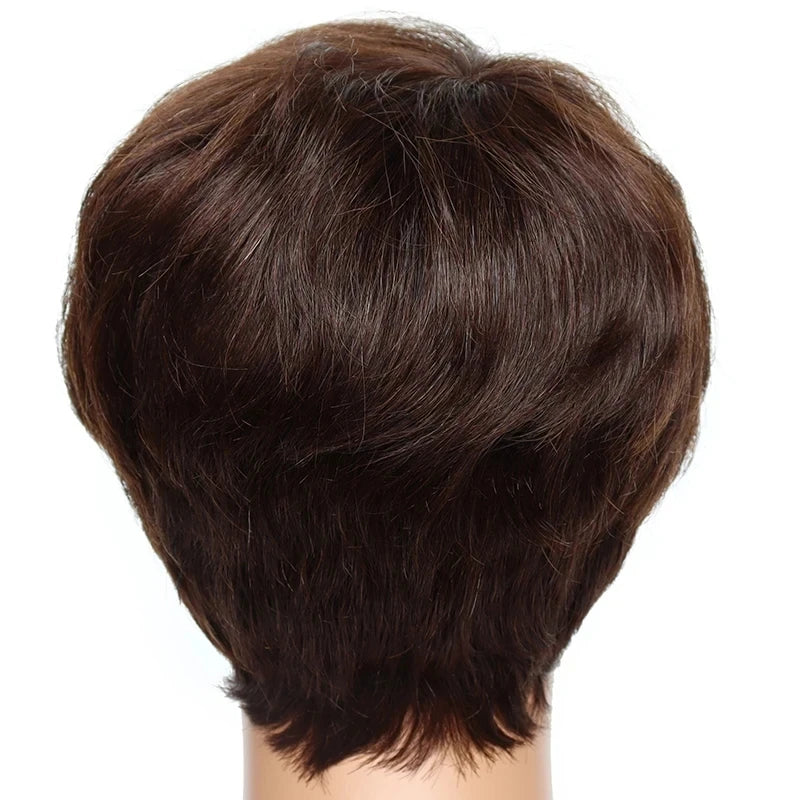 Pixie Cut Short Natural Straight Bob Wig 100% Human Hair Wig for Brazilian Women Chocolate Brown with Bangs Machine Made