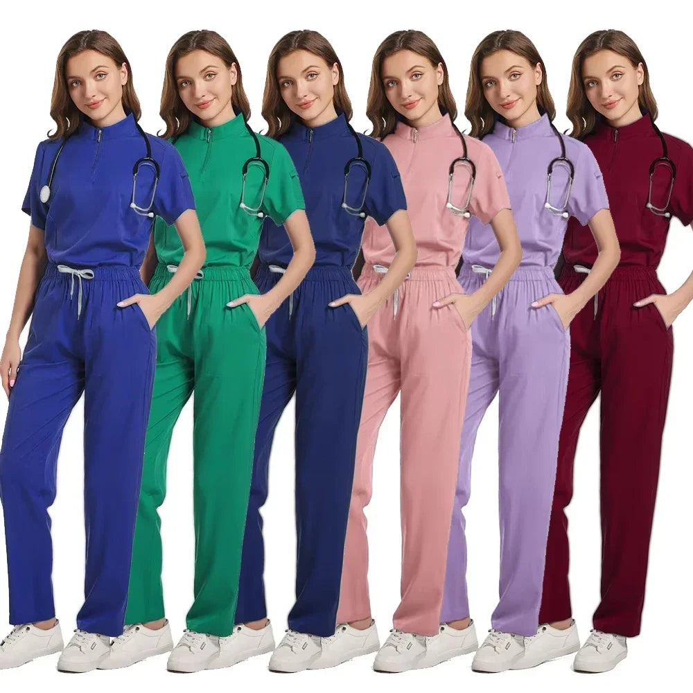 Hot Sale Tops Straight Pants Pet Clinic Nursing Scrubs Uniforms Sets Women'S 12 Color Stretch Medical Uniform Summer Scrubs Set