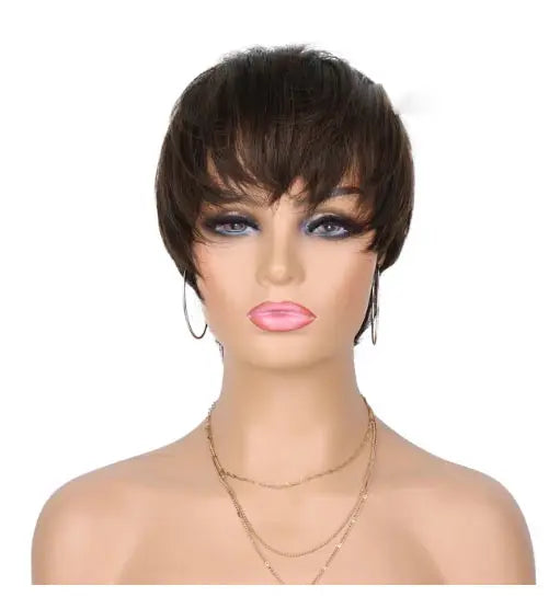 Pixie Cut Short Natural Straight Bob Wig 100% Human Hair Wig for Brazilian Women Chocolate Brown with Bangs Machine Made