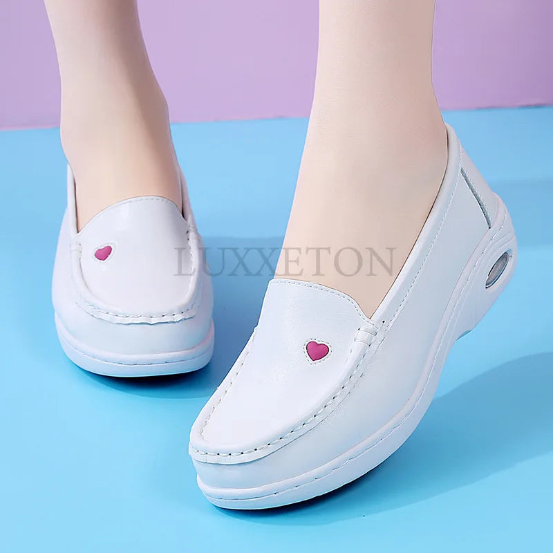 Women Flat Leather Shoes Casual White Wedge Heel Soft Sole Non Slip Caring Comfortable Mother Nurse Work Shoes